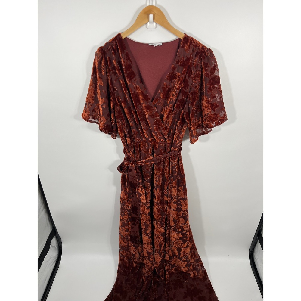 Baltic Born Women Uma Maxi Wrap Dress XL Copper Floral Velvet Burnout Event - Picture 2 of 9